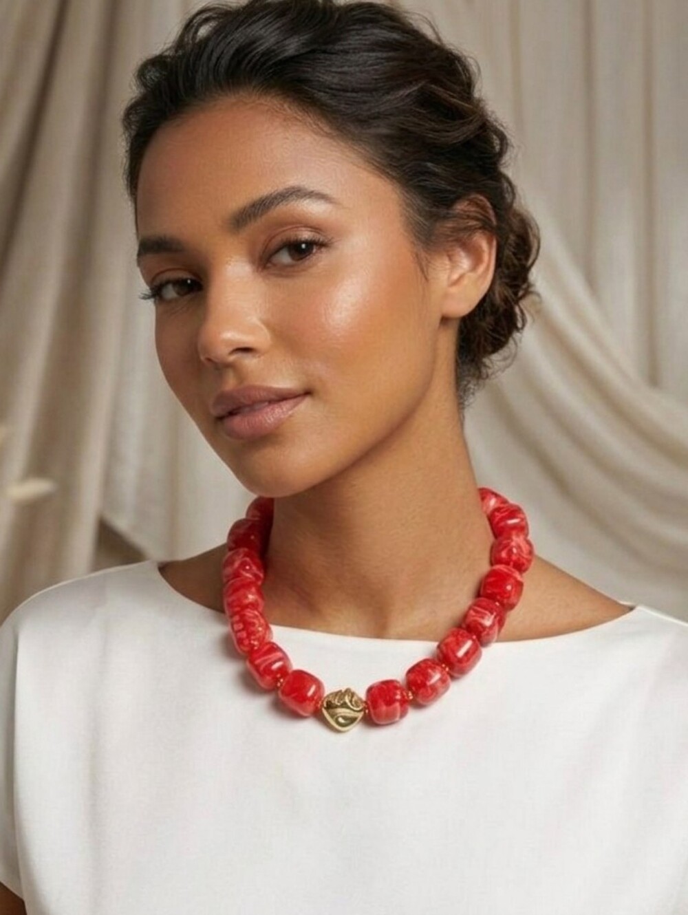 Red Beaded Statement Necklace with Gold Accent